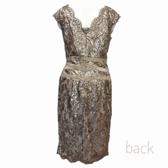 Tadashi Shoji Gold Pailliette Embroidered Lace Sequin V-Neck Dress Sz16 - Picture 4 of 11